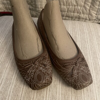 Coldwater Creek Tandy Brown Flats US 10, Bow & Cream Stitching, Pre Owned No Box