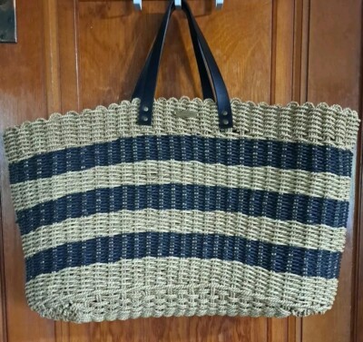 Hearth and Hand with Magnolia Seagrass Striped Summer Tote~ Natural Navy  Blue