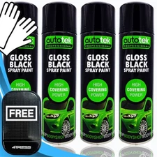 4 x 500ml AUTOTEK Professional Gloss Black Spray Paint Aerosol Can+Gloves+M