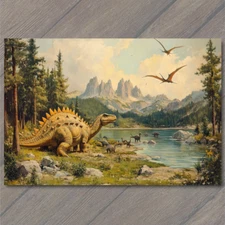 Art Print Dinosaurs Roam Mountain Lake Shoreline With Flying Pterosaurs Overhead