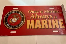 Made in the USA! Once A Marine Always A Marine red premium license plate.