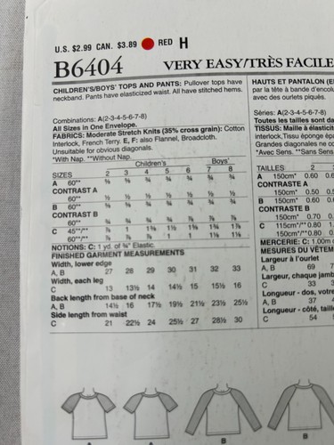 Butterick See & Sew B6404 Boys Pajama Top & Pants Size 2-8 Uncut Pattern - Picture 2 of 3