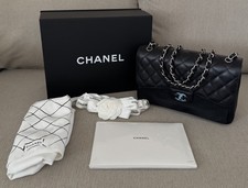CHANEL Classic Large Black Caviar Leather Double Flap Bag Silver Hardware