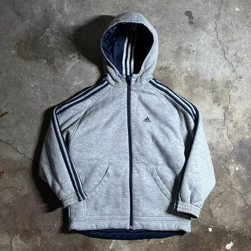 Y2K 2000s Adidas Reversible Full Zip Hooded Jacket Gray Blue 3 Stripe - product listing photo