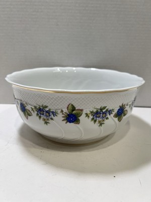 Large Porcelain Bowl Dish White Blackberries HOLLOHAZA HUNGARY Gold Accent