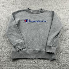 Champion Sweatshirt Youth Medium Gray Script Logo Crewneck Fleece Pullover Kids