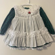 Vintage Bryan Floral Pinafore/Apron Green White Lace Toddler Dress Size 18m