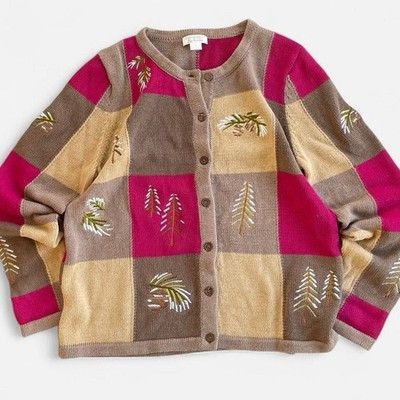 Christopher & Banks Tan Brown Pink Patchwork Knit Embroidered Pinecone Cardigan