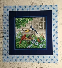 Birds at The Feeder Pillow Panel Fabric Blue Cotton Cardinal Robin Finch Jay Cat