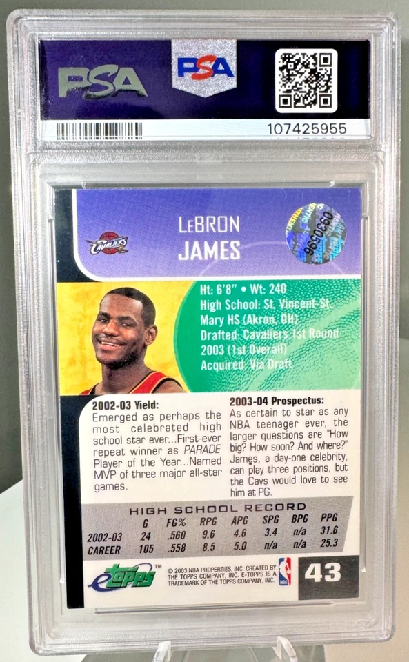 LeBron James 2003 eTopps #43 Refractor Holo Rookie RC Card Cavaliers PSA 9 - Image 2 of 2