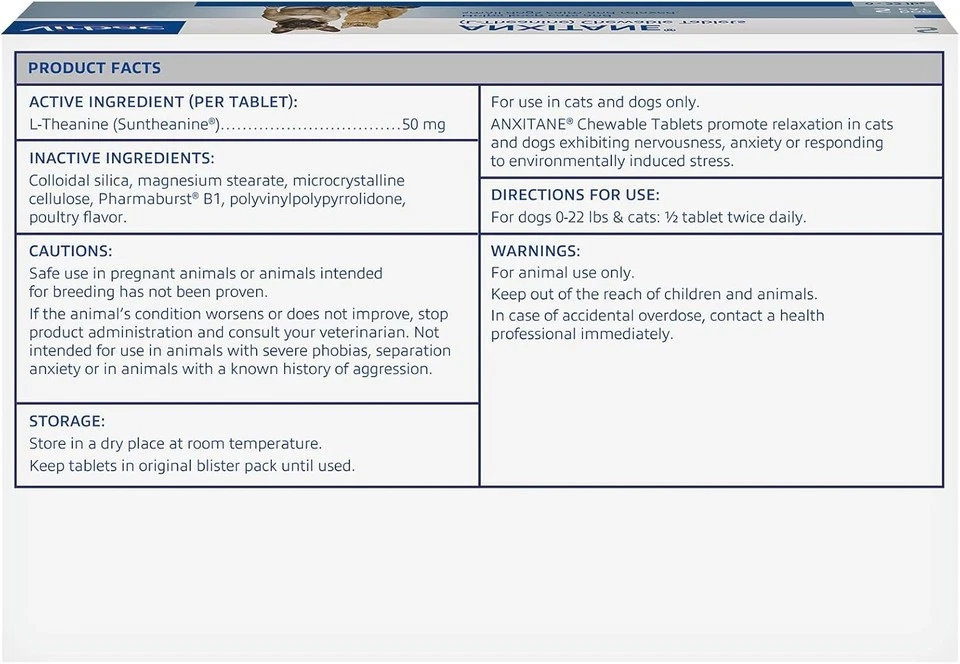 Virbac Anxitane Tablets | Small Dog/Cat 0-22lbs | 50mg x 30 Count for anxiety & - Image 2 of 2