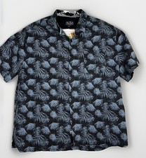 Nat Nast Mens XL Camp Shirt Hawaiian Palms Tropical Silk Blend Black Blue