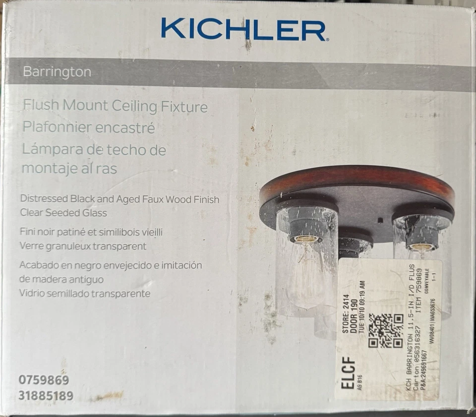 Kichler Barrington 3 luces 11,5" negro envejecido tono madera luz de montaje al ras Foto 2 de 4