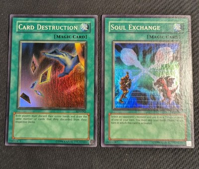 Yugioh Karten Zerstörung/Seelentausch SDY-041 SDY-042 Super Rare Set WAVY LP/MP