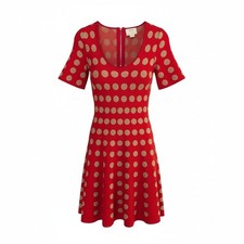 Maeve by Anthropologie Red Gold Polka Dot Knit Fit Flare Dress XS Retro Mod