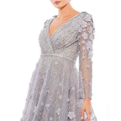 sequin embellished a-line cocktail dress Sequin Embellished Mesh A-line Dress 3-D Flower Applique and Side Slit  GLGL3033