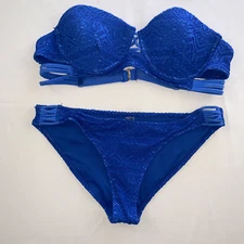 Tinibikini Womens Blue Strappy Ribbed Padded Knit Bikini Swimsuit Set Size XL