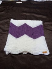 Hand knitted White  Purple baby blanket 30"X 32"