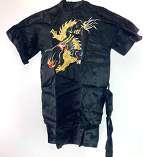 Vintage Black Silky Satin Kimono Robe Embroidered Dragon Kids Size 6 Dual Short