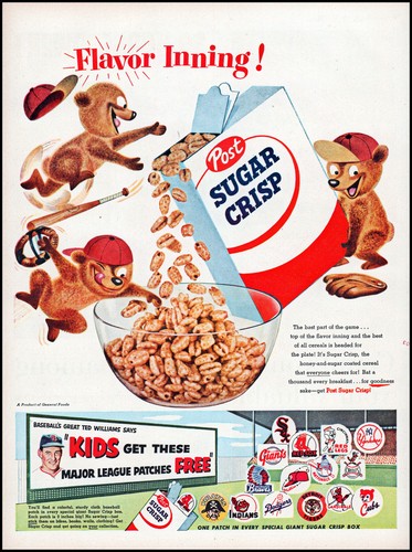 1955 Post Sugar Crisp cereal Bear cubs retro art print ad L69