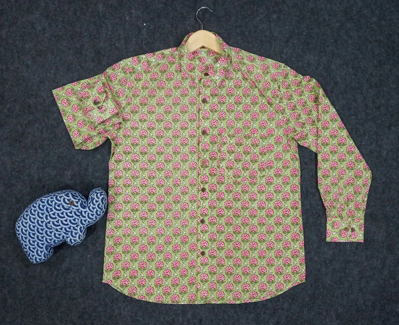 Indian Cotton Men Shirt Light Green M Size Floral Wedding Dress Handmade Shirts