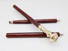 Antique Compass Brass Knob Head Handle Walking Stick Wooden Curved Cane Gift