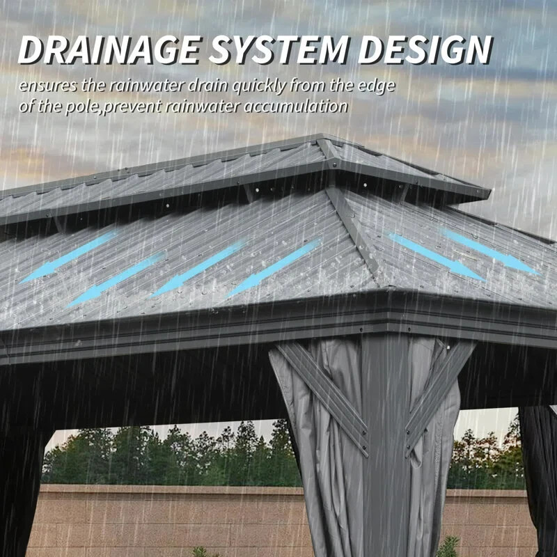 Domi 14x24Ft Hardtop Gazebo Double Roof w/Curtain&Netting,Built-in gutter system