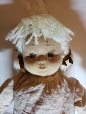 Vintage Primitive Country Folk Art Cloth Body DOLL Yellow Yarn Hair 17"