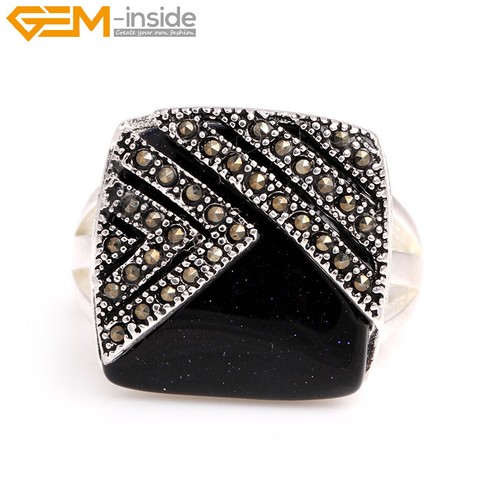 Square Sandstone Agate Beads Tibetan Silver Marcasite Charm Jewelry Ring 18mm - Picture 14 of 57