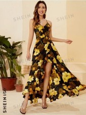 [US4] Small SHEIN VCAY Allover Floral Print Ruffle Trim Wrap Hem Dress Yellow