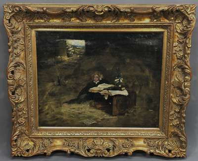c.1870s BOY IN A BARN Listed Artist DOUGLAS VOLK Antique Oil on Canvas Painting