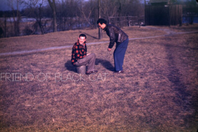 Kodak Slide 1940s Red Border Kodachrome Men Outside in the Fall Plaid Jacket