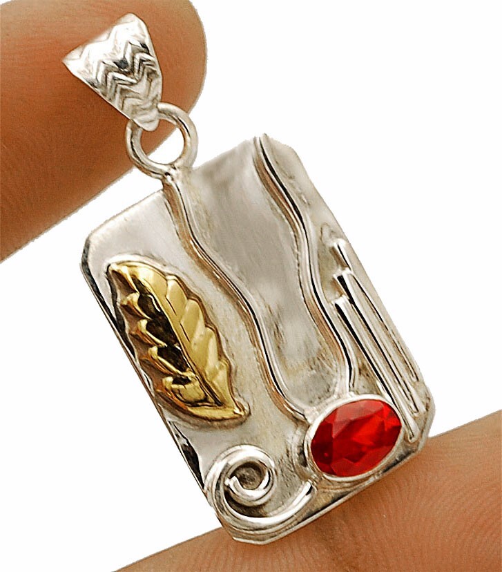 Two Tone Fire Garnet 925 Sterling Silver Pendant 1.5 Inch