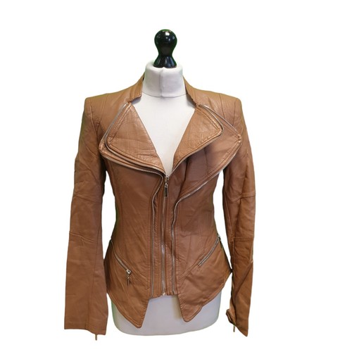 E136 Women's Attentif Brown Zipped Faux Leather Jacket Uk 10 M Eu 38 eBay