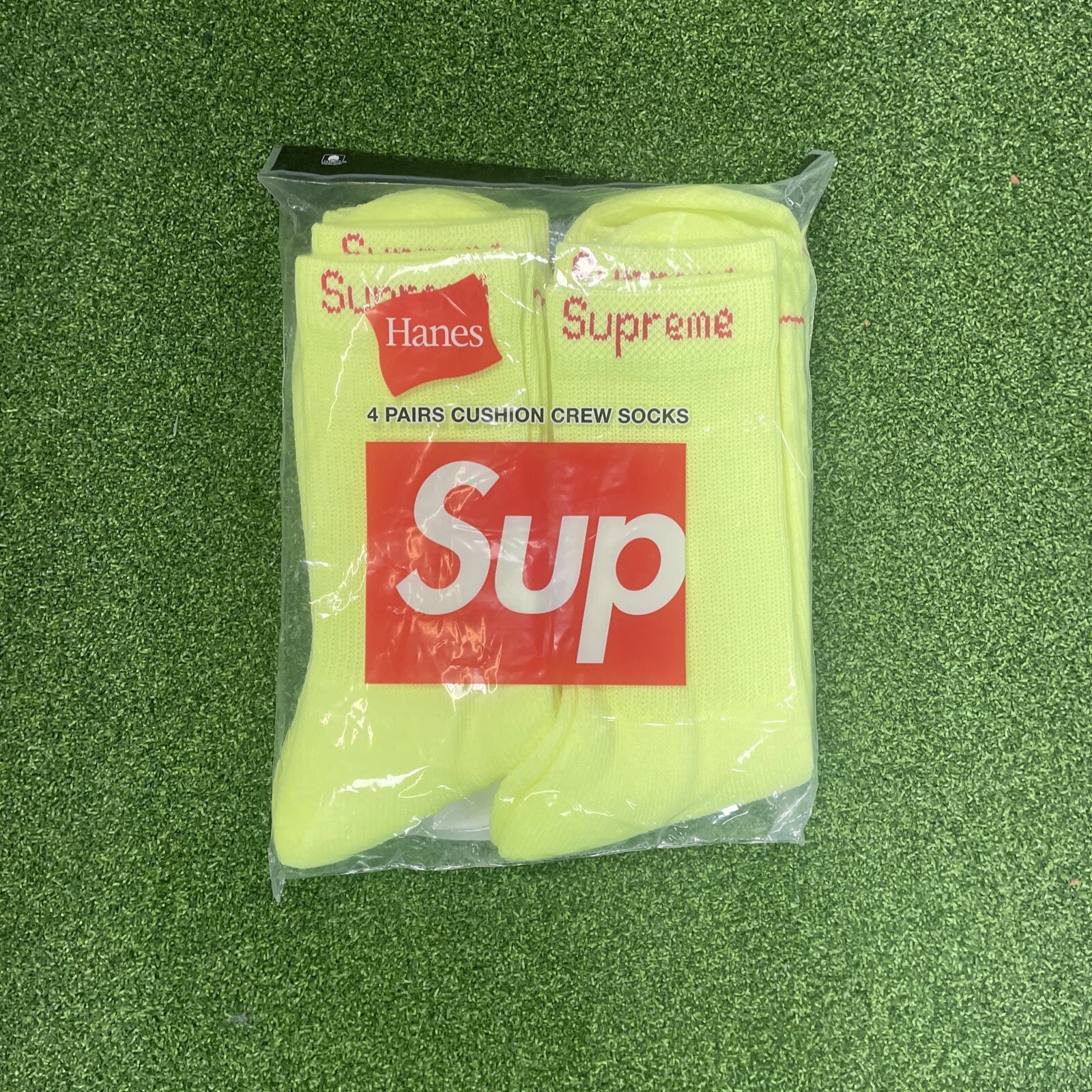 Chaussettes d'équipage jaune fluorescent Supreme neuf avec étiquettes scellées pack de 4 hommes AUTHENTIQUES