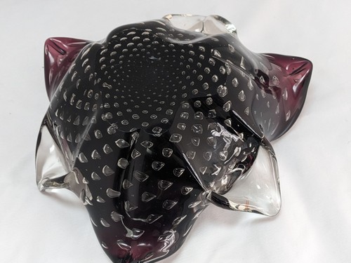 Vintage Murano Bullicante Art Glass Purple Flower Heavy Bowl/Ashtray MCM - Picture 7 of 10