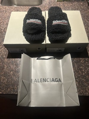 Balenciaga Black Logo Fur Slide Sandals Open Toe Men s US 10 M