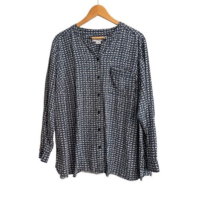 Liz Claiborne 3X Navy Blue Horse Print Lyocell Button Front Blouse Top Button