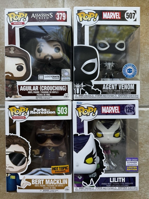 Lot Of 4 Funko Pops NEW - Lilith, Bert Macklin, Agent Venom, Aguilar EXCLUSIVES