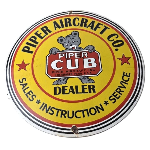 Vintage Piper Cub Aircraft Sign - Aviation Hangar Gas Airplane Porcelain Sign