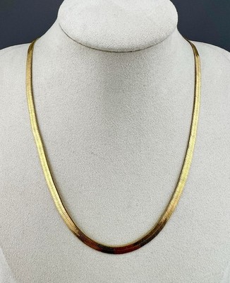 Vintage Monet Necklace Shiny Gold Tone Smooth Flat Herringbone Chain Signed 17 