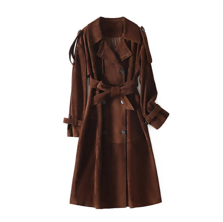 Women Real Suede Brown Leather Long Trench Coat Genuine Handmade Outerwear