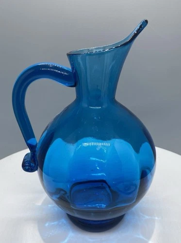 VNTG Hand Blown Pitcher Aqua Blue Optic Glass (Rainbow? Blenko?) MCM Retro 8”