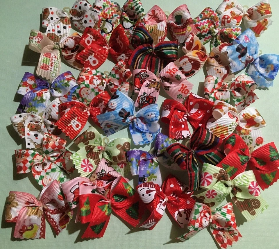 HANDMADE BY MYSELF IN THE USA 30 MED Christmas Dog Bows Christmas dog grooming bows Handmade USA Pet Bows NEW