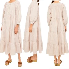 THE GREAT. Patio Tiered Swingy Blouson Maxi Dress in Cream Malt Stripe 1 Small
