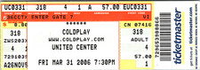 COLDPLAY,  UNITED CENTER CHICAGO, CONCERT TICKET, MAR. 31, 2006