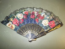 Vintage Decorative Folding Hand Fan w/Lace/Floral Fabric