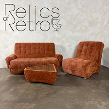 Mid Century Modular Brown Two Seater Sofa Bed & Armchair With Coffee Table