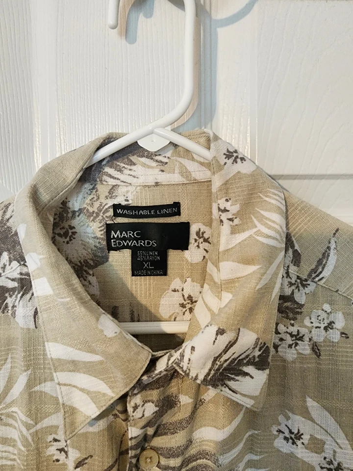 Marc Edwards Men’s XL Hawaiian Aloha Shirt Beige Linen Short Sleeve Vintage - Image 3 of 4