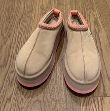Women's UGG Tazz Love Leather Slippers Tan w/ Pink Trim Shearling Inside